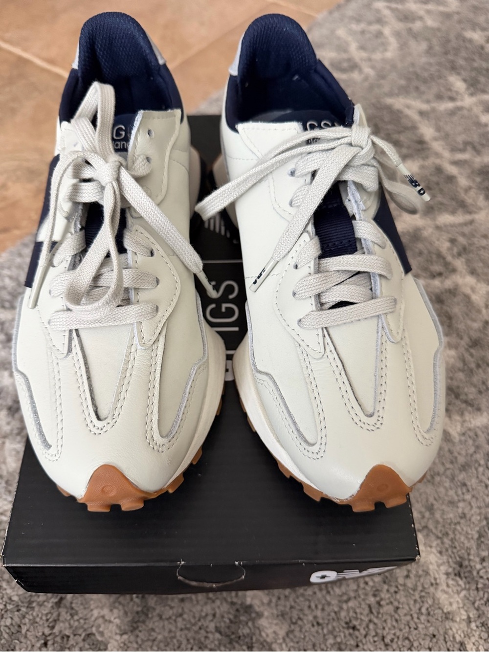 New Balance Light Grey and Navy Retro-Style Sneakers